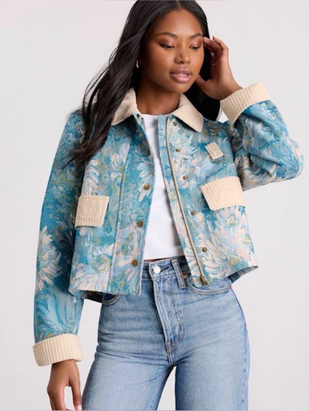 NWT - Lulus Morrina Teal Blue Multi Floral Jacquard Barn Jacket - Size L